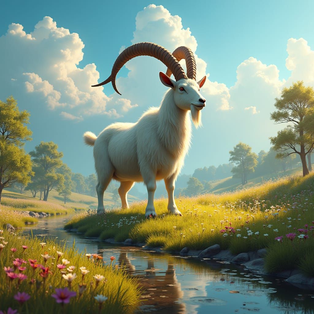Goat in Meadow: Fantasy Matte Painting