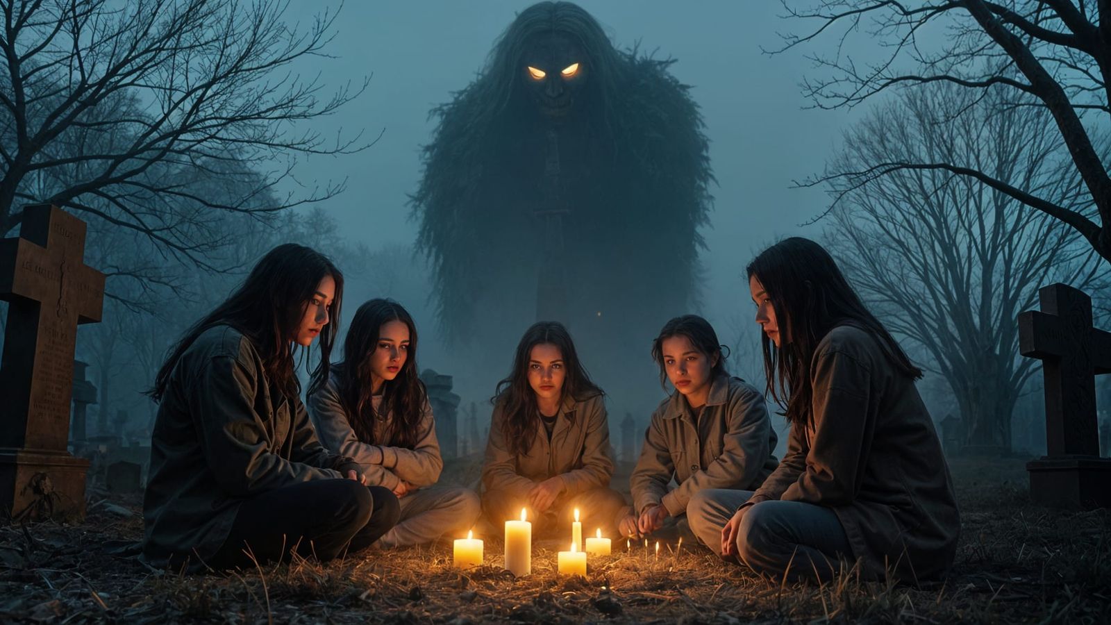 Eerie Cemetery Gathering with Rising Dark Mass