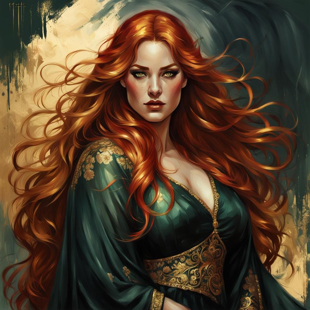 Red-Haired Woman in Gold Painting, Comic Art Style