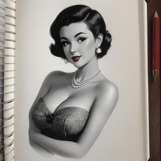 Retro Pinup Model Pencil Sketch on Notebook Paper
