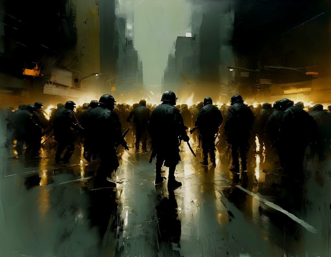 Ominous Action Painting of Angry Mob Riots