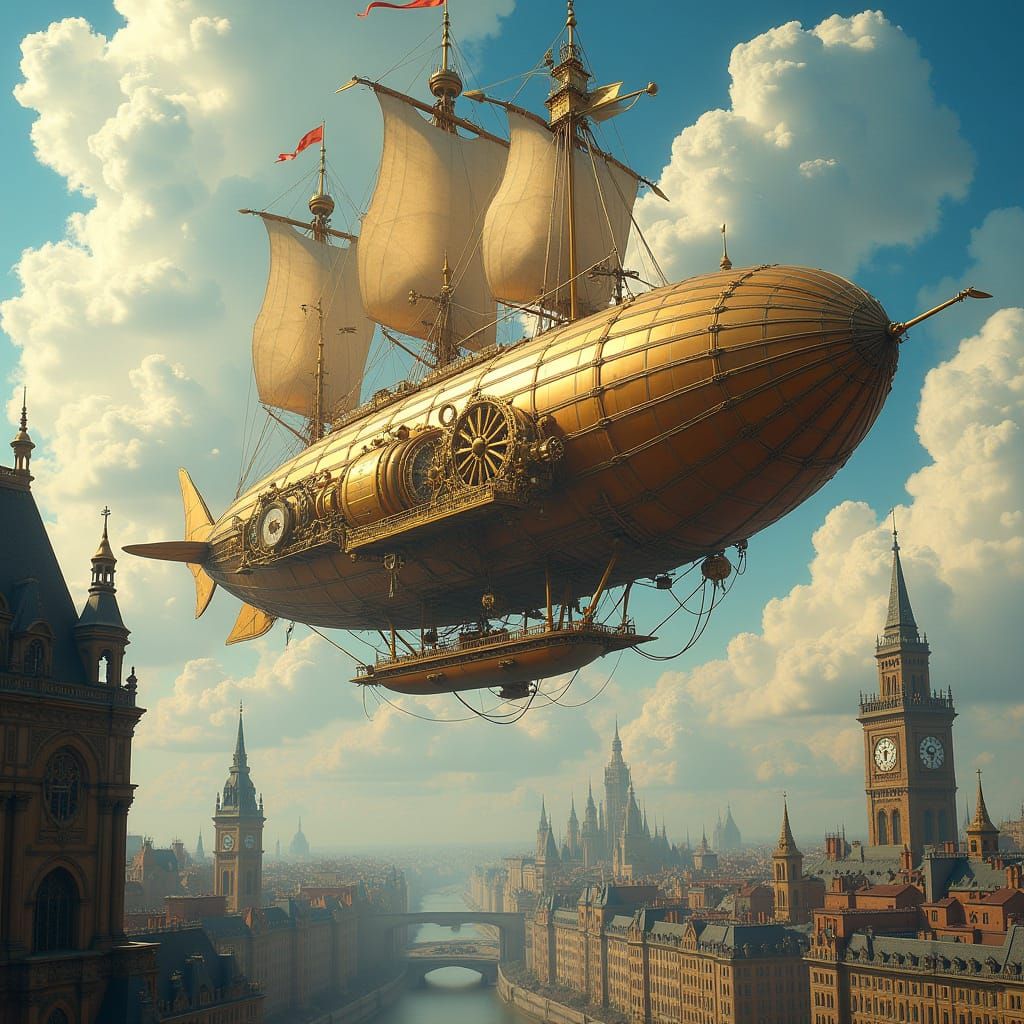 Majestic Steampunk Airship Soars Through Whimsical Victorian...