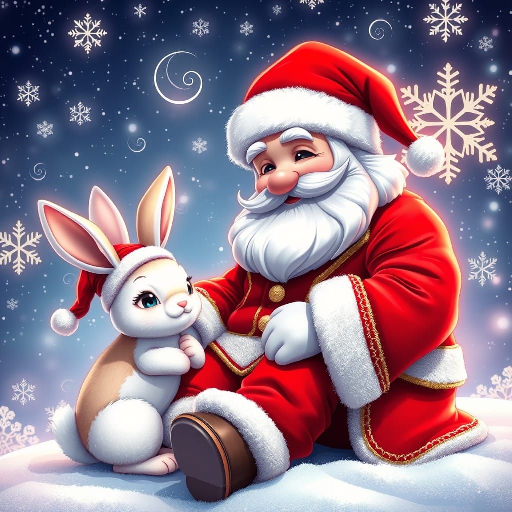 Whimsical Santa Claus Surrounded by Snowflakes and a Fluffy ...