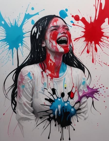 Distressed Woman and Laughing Man in Graffiti Art
