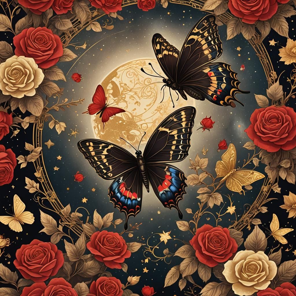 Baroque Butterfly with Golden Wings and Roses
