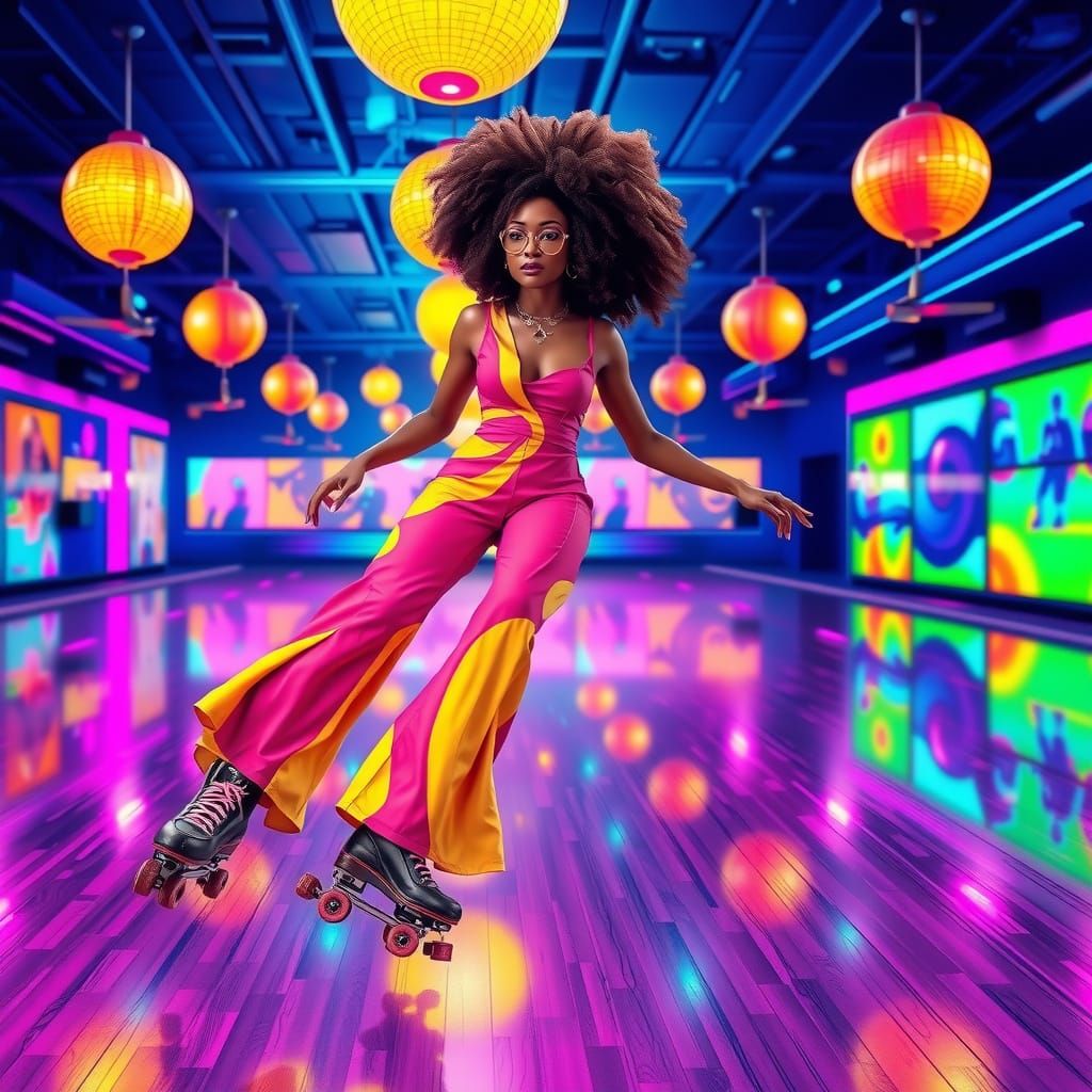 Retro-Futuristic Woman on Roller Skates in Neon Rink