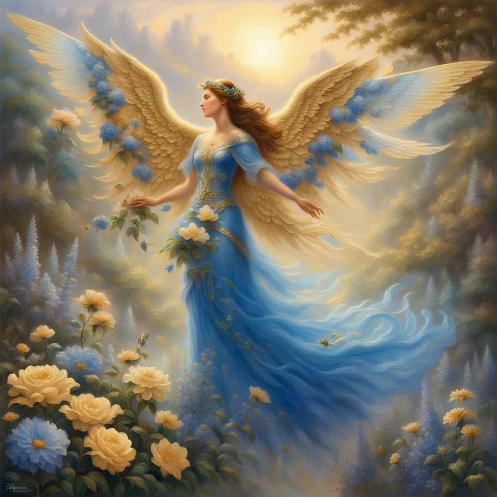 Ethereal Gold and Blue Woman with Wings