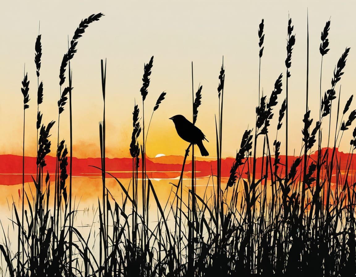 Red Winged Blackbird Silhouette in Marsh, Minimalist Art