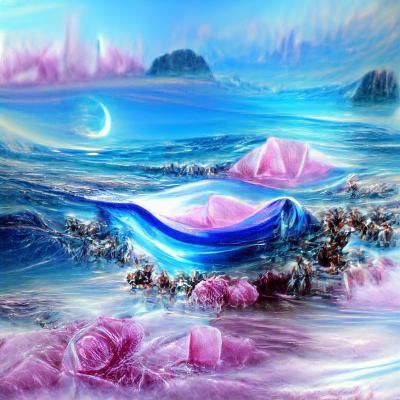 Rose Quartz Alien Landscape with Iridescent Ocean