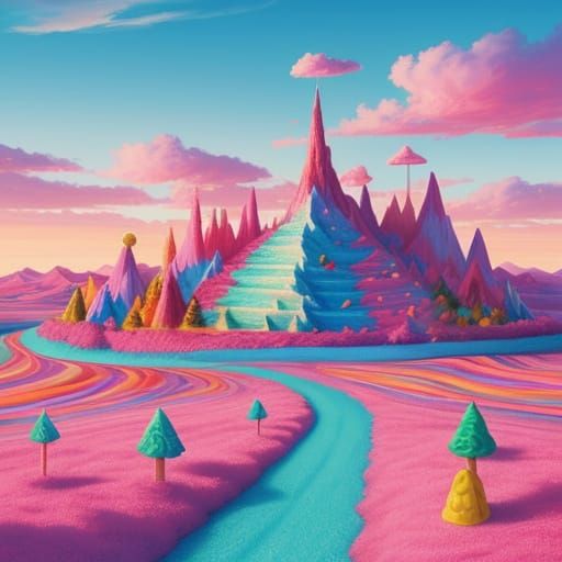 Whimsical Candy Land with Cake Mountains and Lollipop Trees