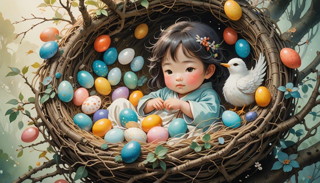 Surreal Watercolor Illustration of Happy Baby Girl in Bird's...