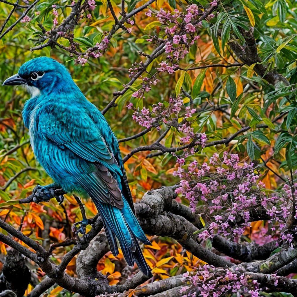 Lilac Rollers on Branch: Ink and Watercolor Painting