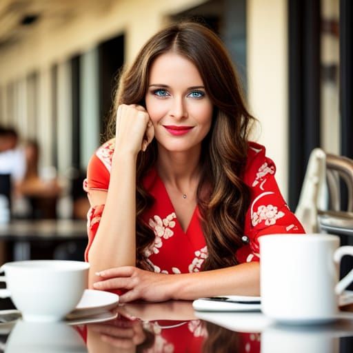 Brown-Haired Woman in Red Floral Dress at Cafe