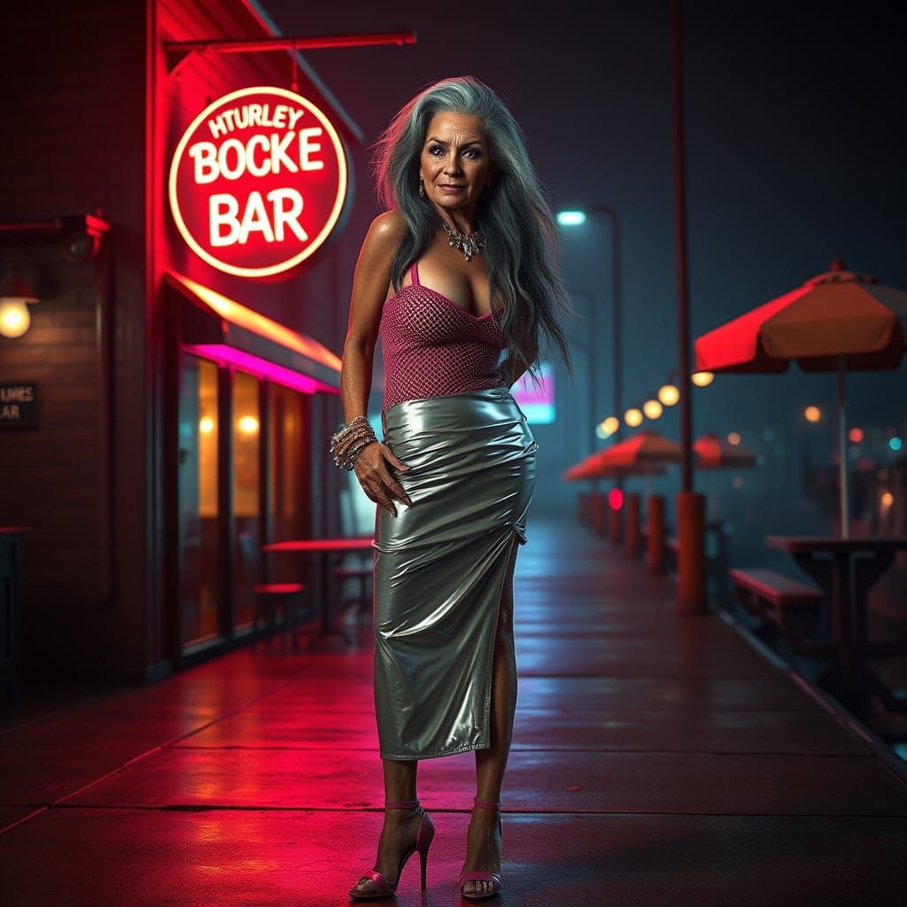 Elegant Elderly Transvestite in Cyberpunk Attire, Inspired b...