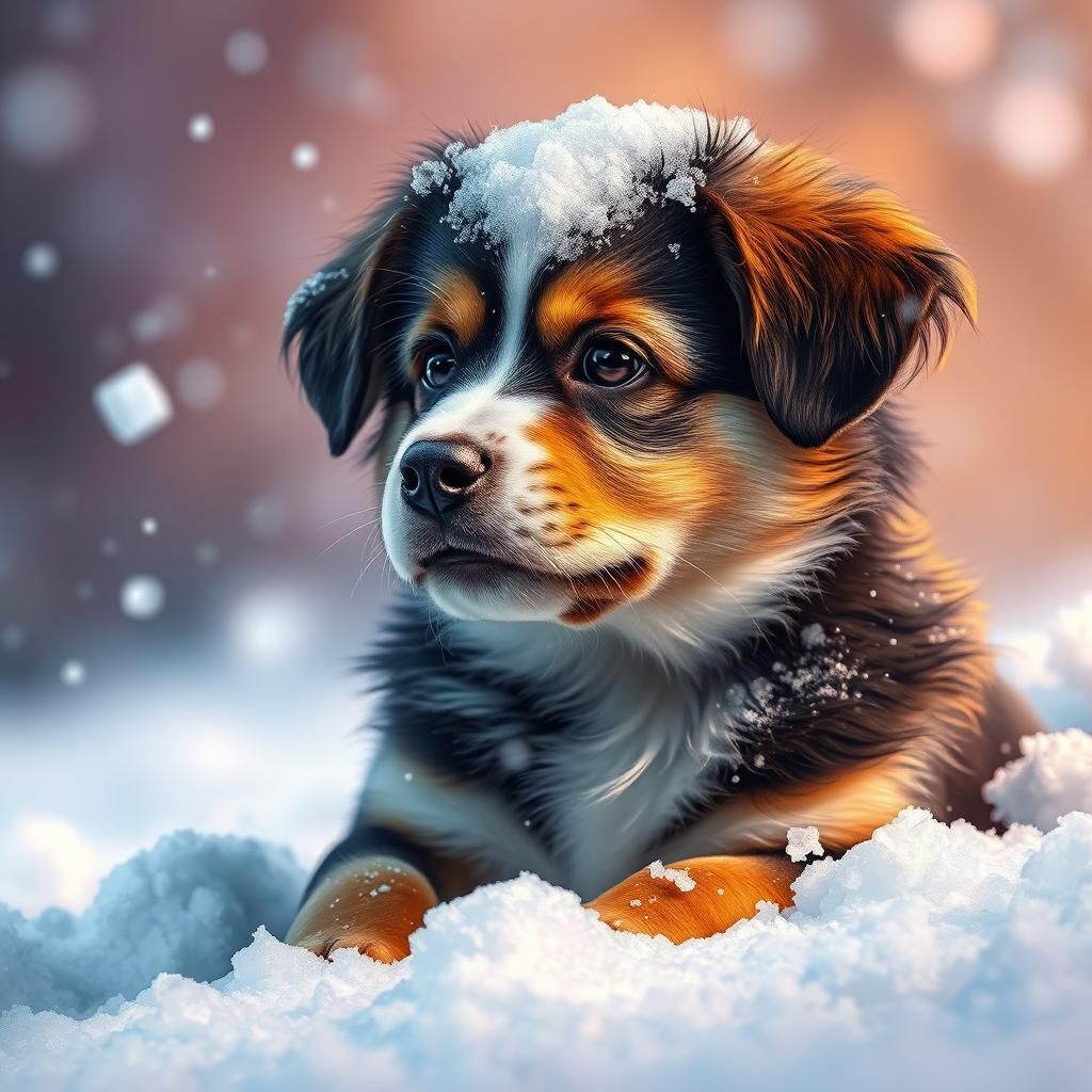 Adorable Puppy Covered in Snow: Hyperrealistic Portrait