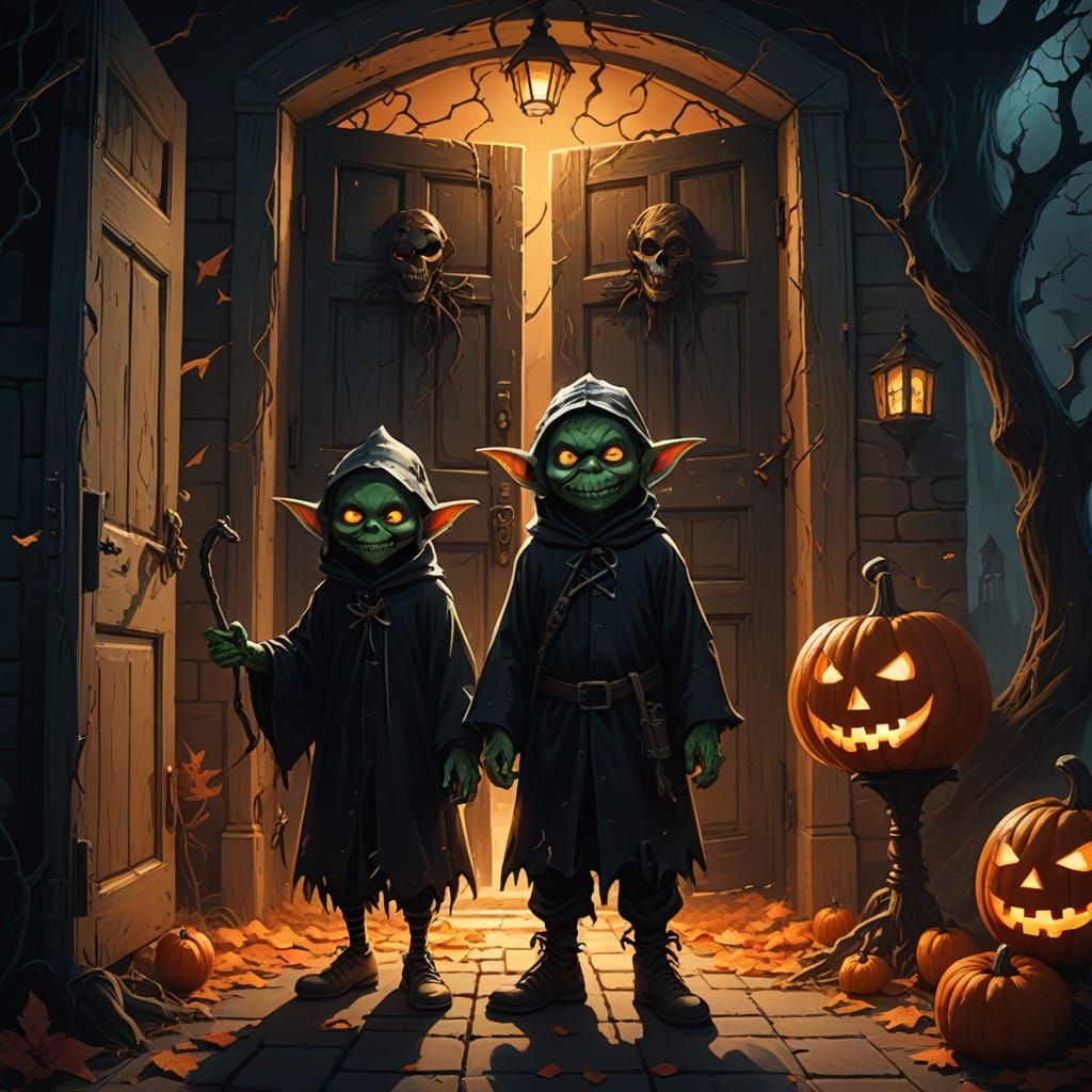 Halloween Fantasy Art: Goblins Receive Candy From Ghost