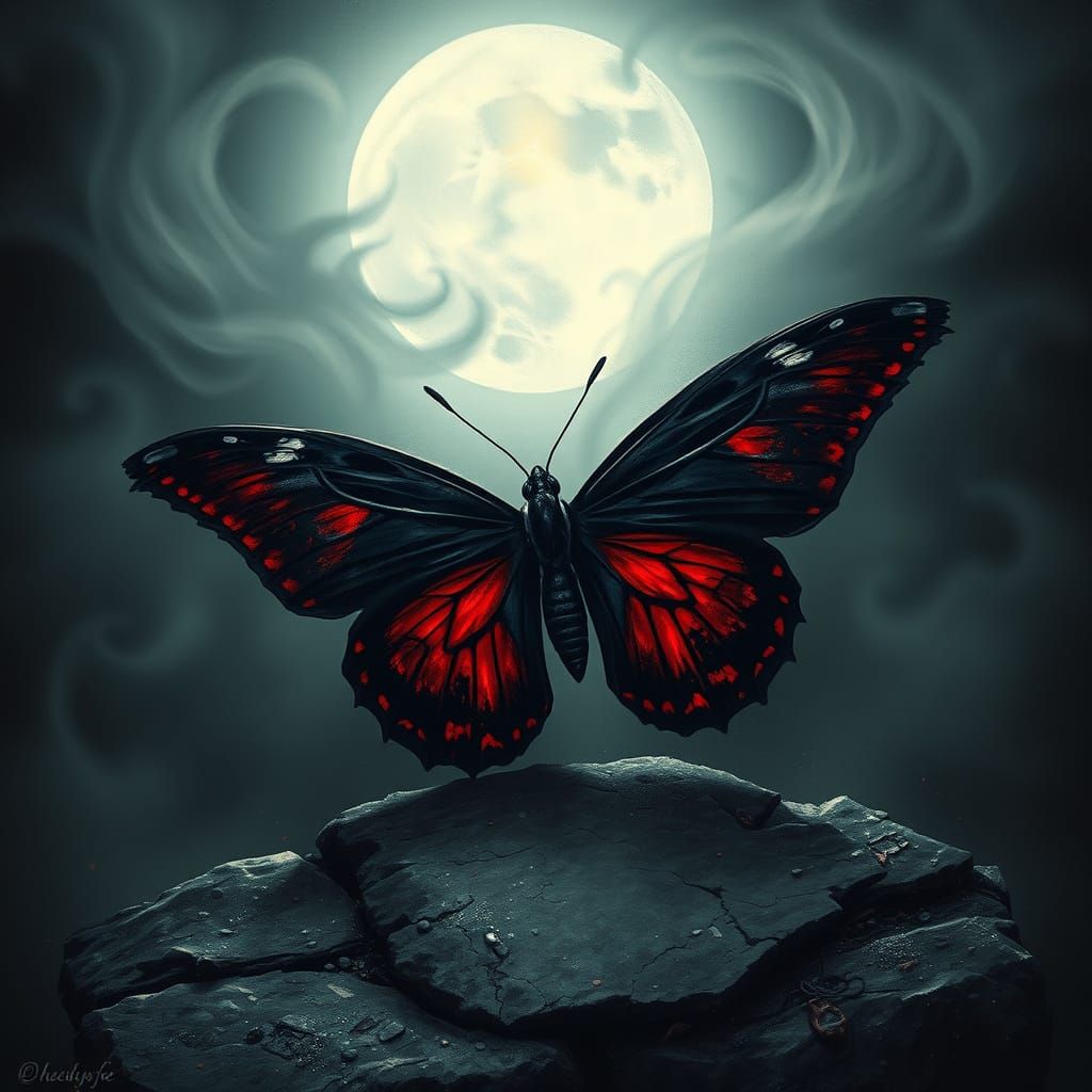 Gothic Butterfly on Stone in Moonlight Mist