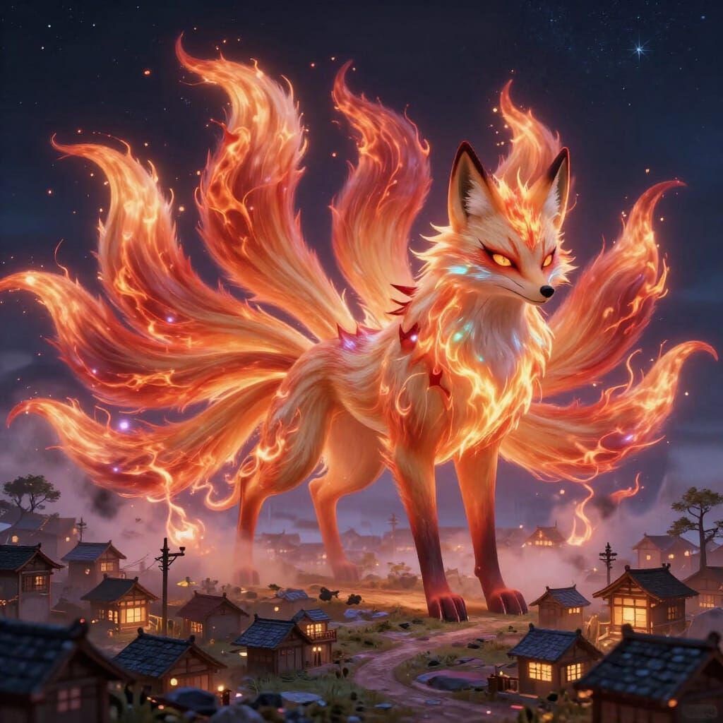 Demonic Nine-Tailed Fox Over Moonlit Village
