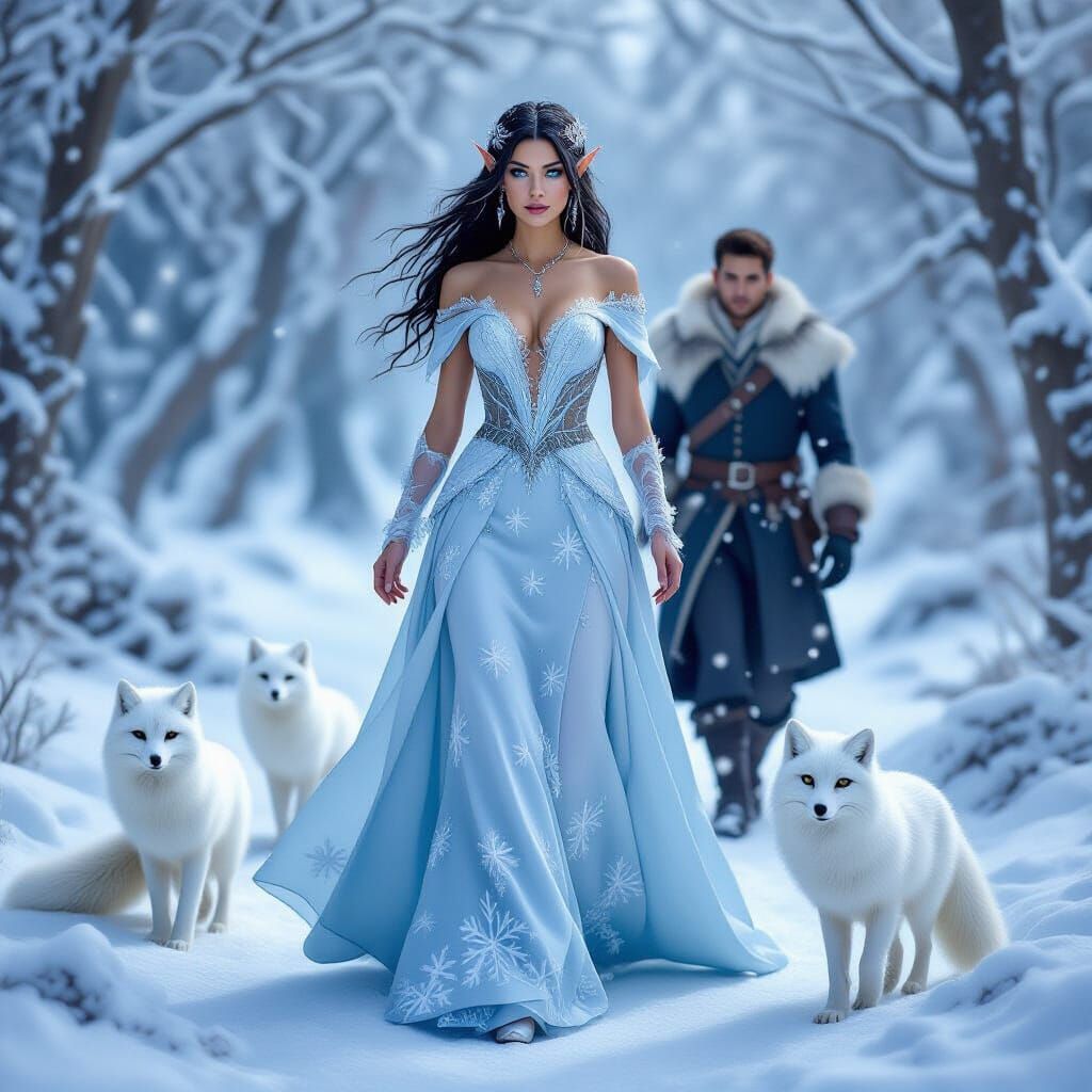 Elegant Elf in Enchanted Winter Forest with Arctic Companion...
