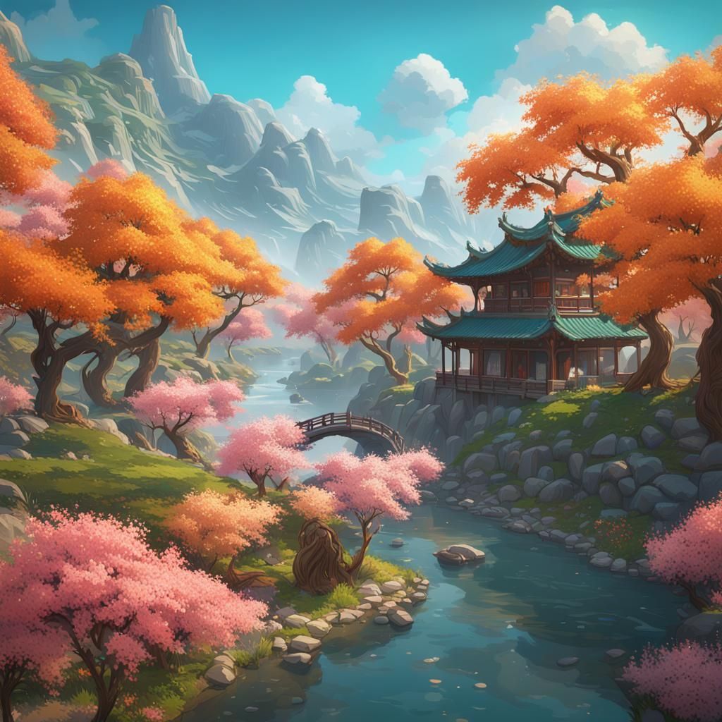 Chinese River Landscape with Flowering Trees