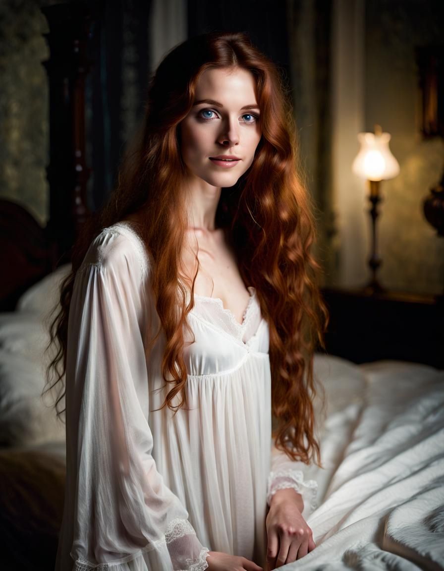 Playful Victorian Woman in White Nightgown Portrait