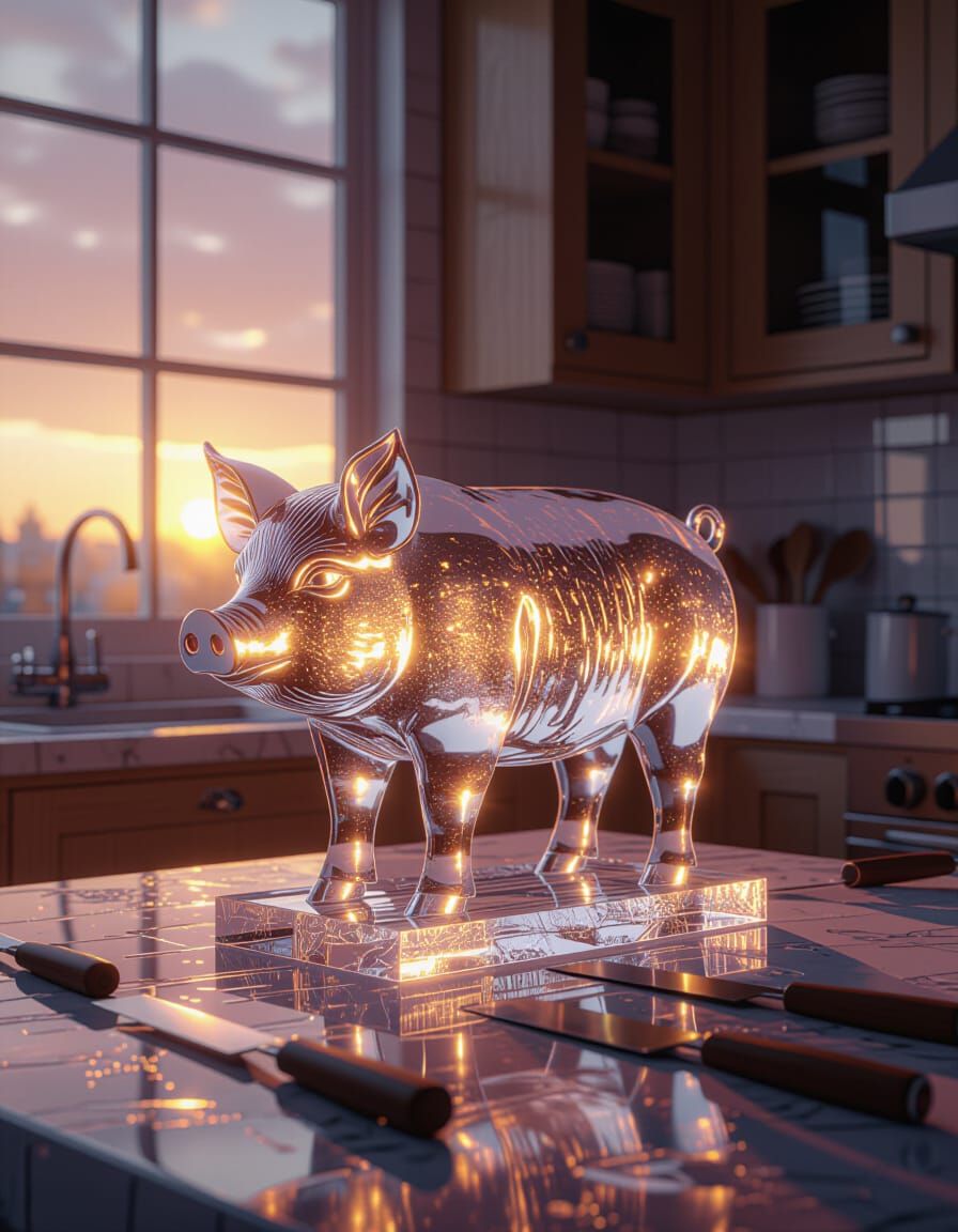 Renaissance Pig Ice Sculpture in Detailed Kitchen