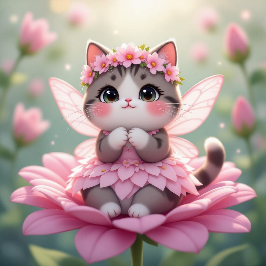 Ethereal Cartoon Cat in Flower Fairy Dress