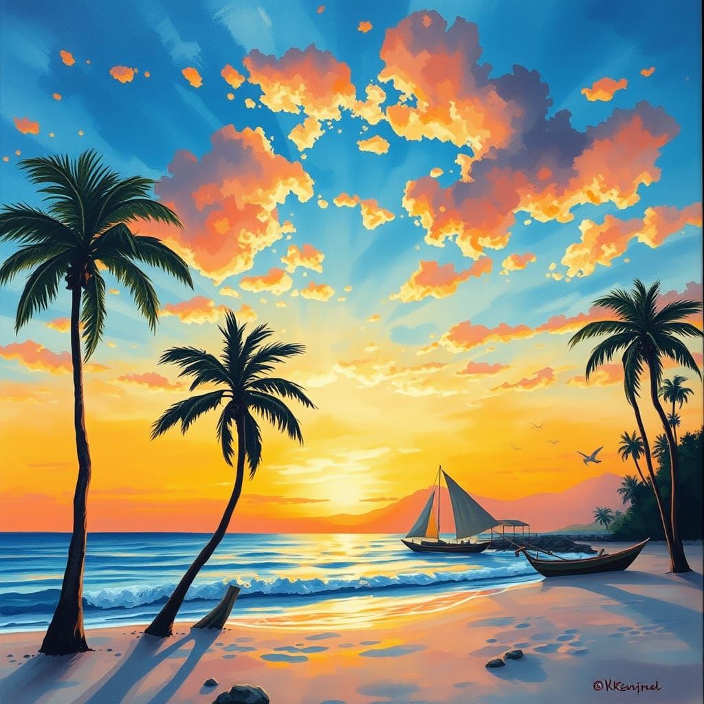 Sunset Beach with Pom Trees in Gouache Style