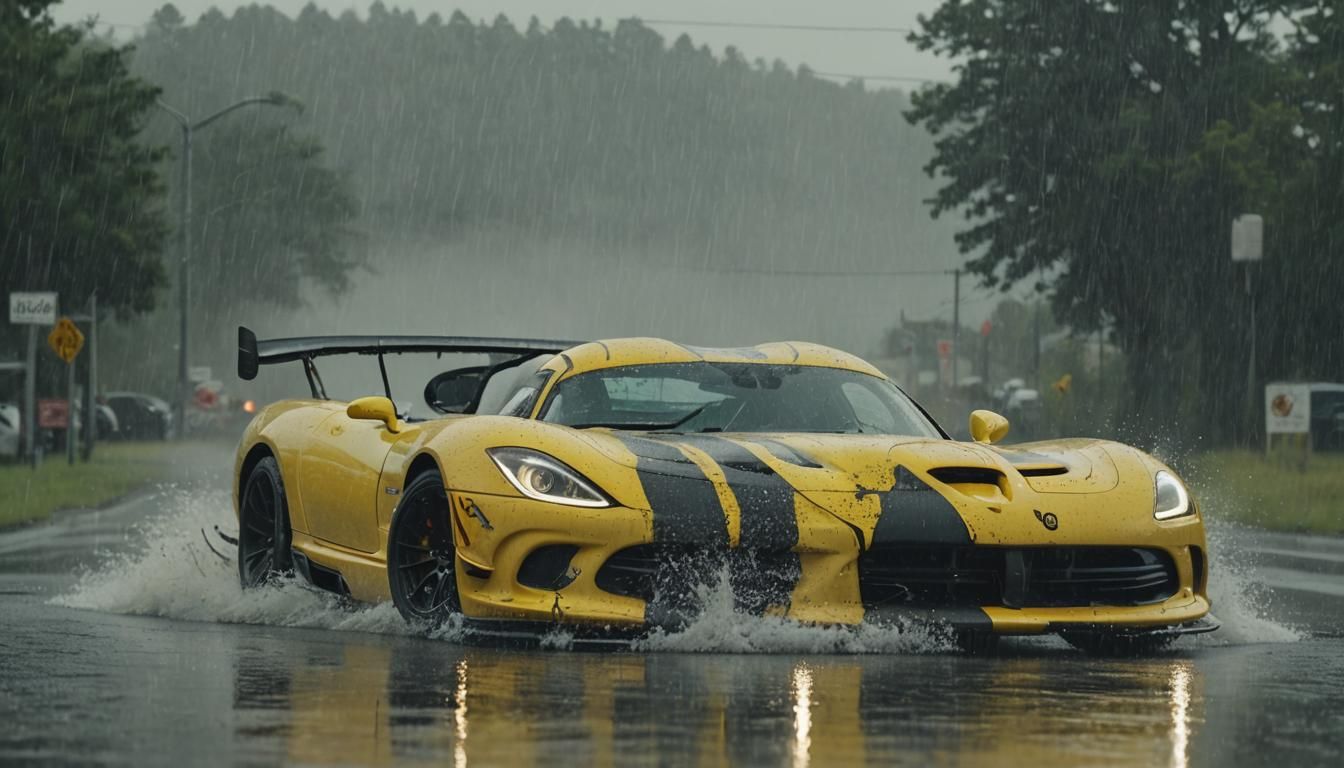 Yellow Dodge Viper Drifting in Heavy Rain