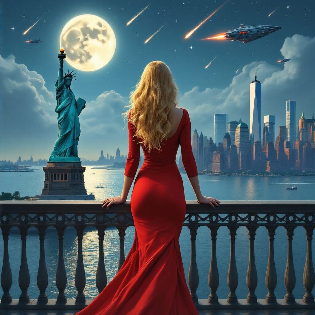 Elegant Woman on Rooftop Overlooking NYC in Retro Sci-Fi Sty...