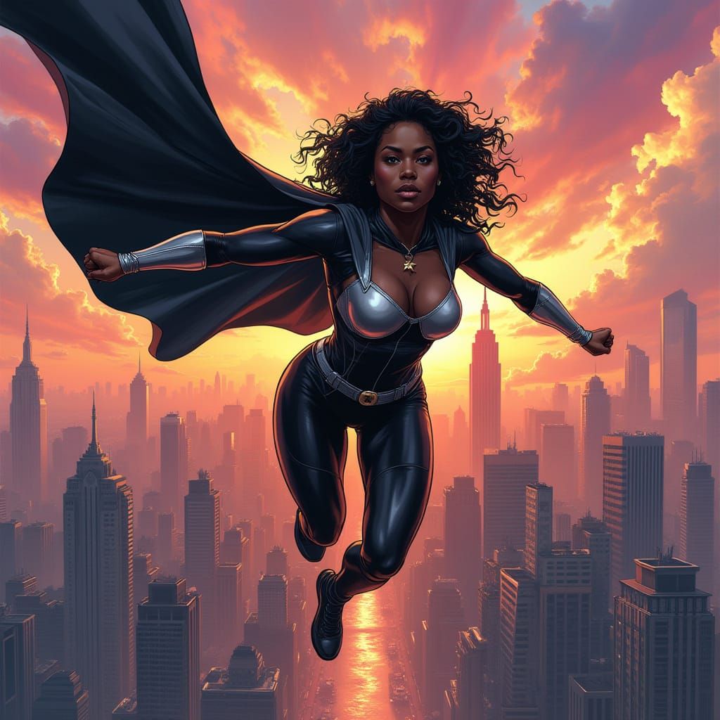 Black Female Superhero Soars Through the Clouds in Gritty Ci...