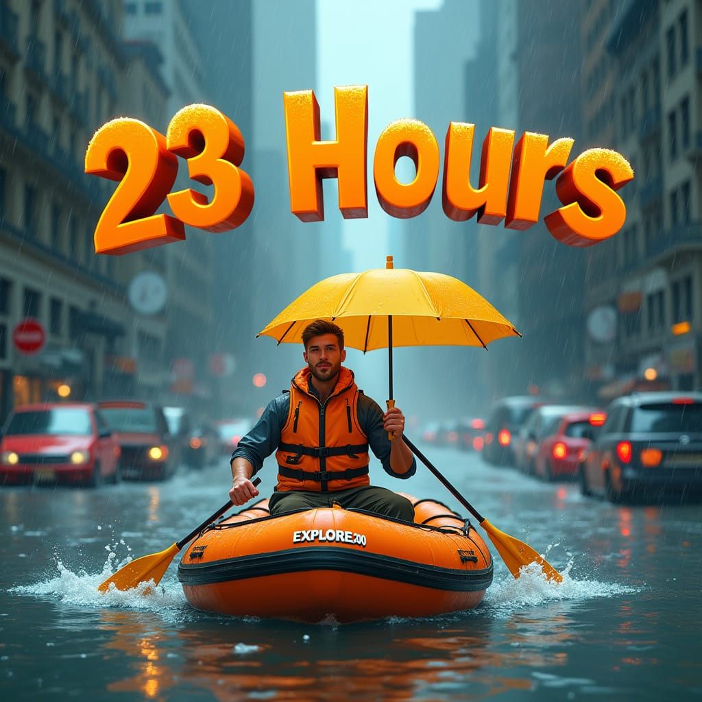 Cartoon Man Paddling Through Flooded City in Pixar Style