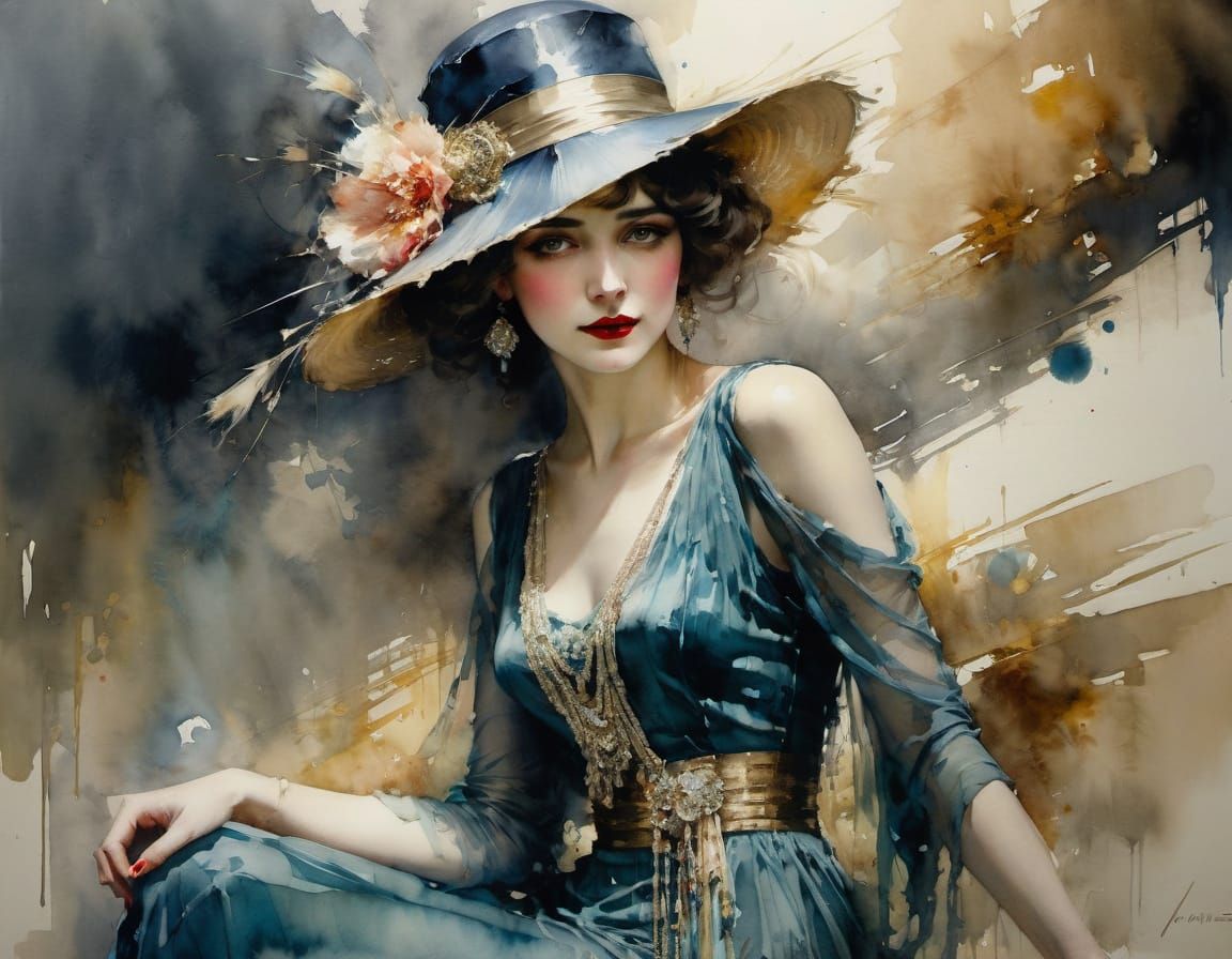 Watercolor Portrait of 1920s Woman in Flapper Dress