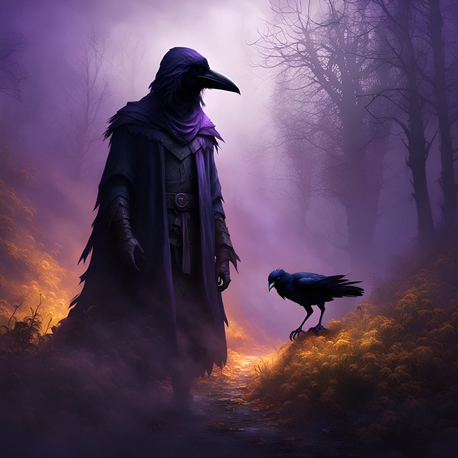 Shadowed Figure with Crow Mask in Dark Fantasy Art