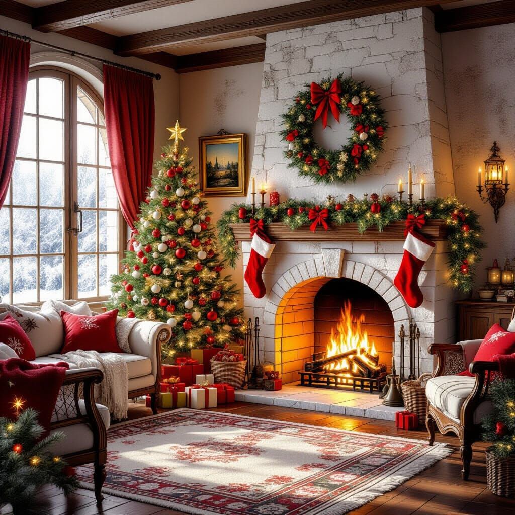 Cozy Christmas Room with Fireplace: Watercolor Style