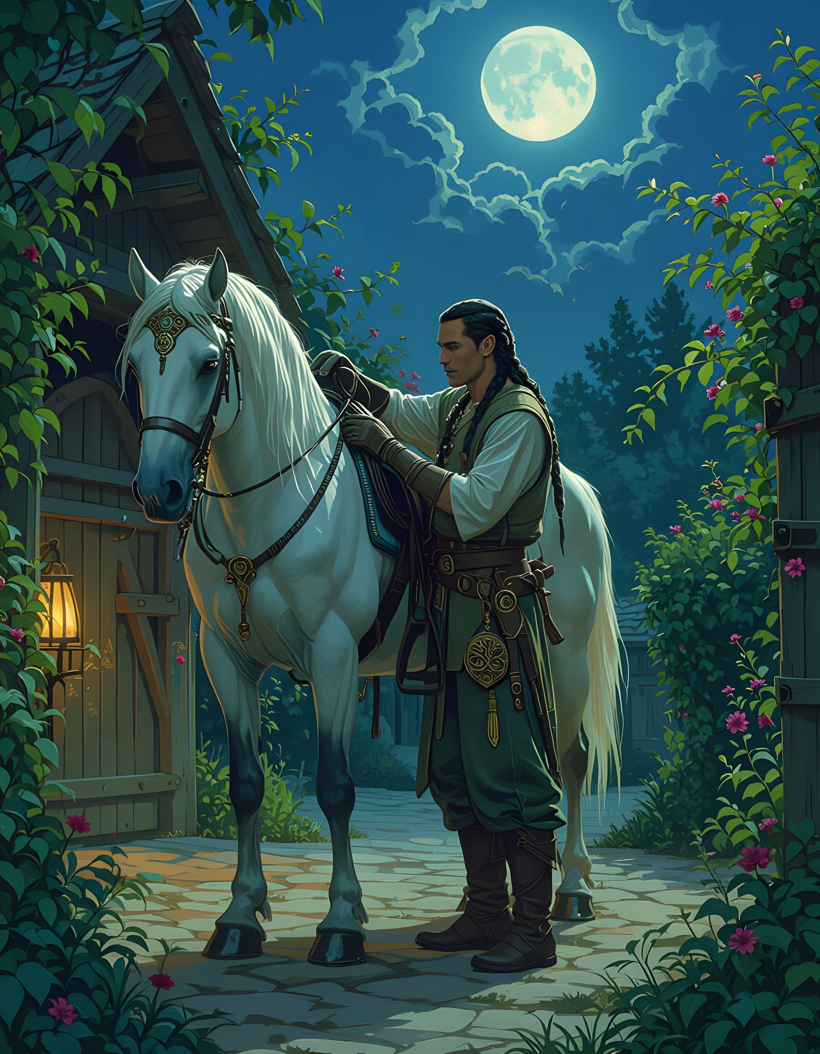 Elven Stable Worker and Winged Horse in Garden