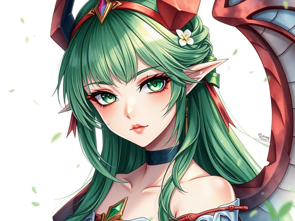 Anime Portrait: Green-Haired Dragon Priestess