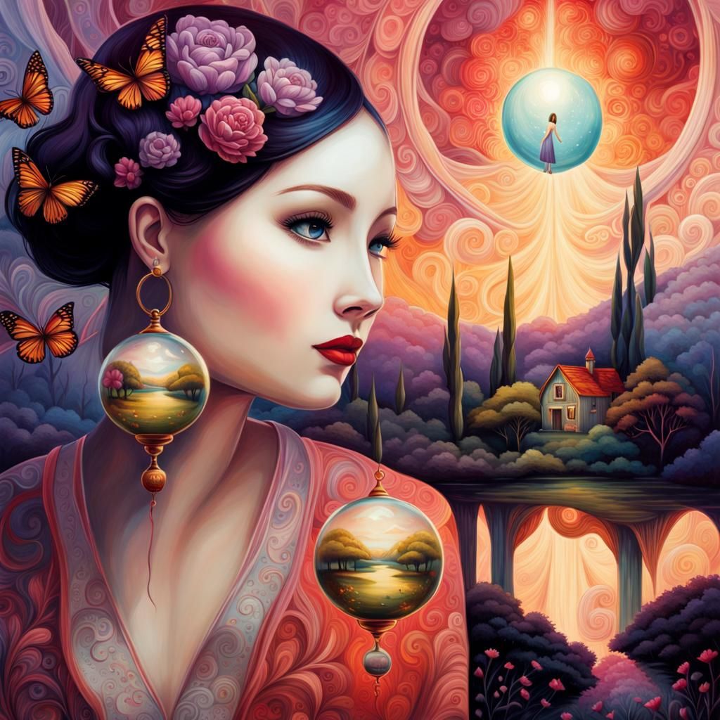 Girl in Glass Sphere Reflecting Utopic World