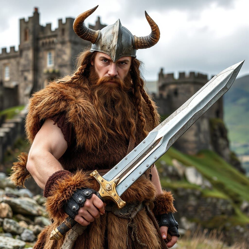 Barbarian Warrior Stands Ready to Fight Before Edinburgh Cas...