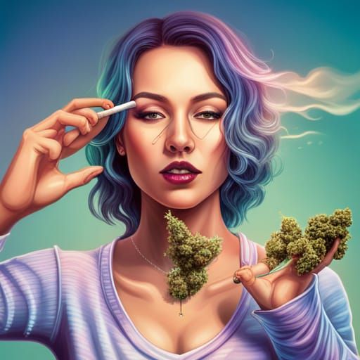 Hyperrealistic Woman Rolling Joint with Gold Background