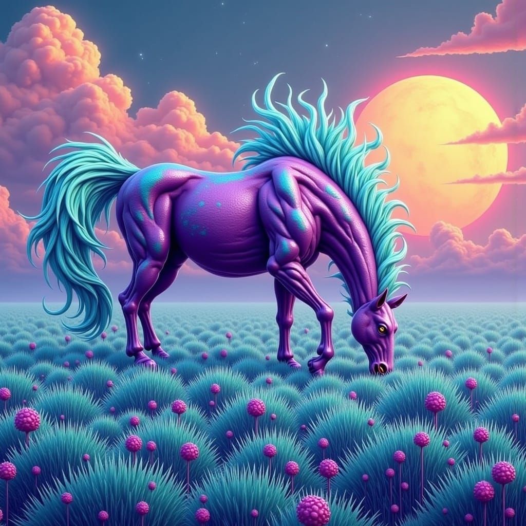 Majestic Alien Horse Grazes in Vibrant Teal Meadow