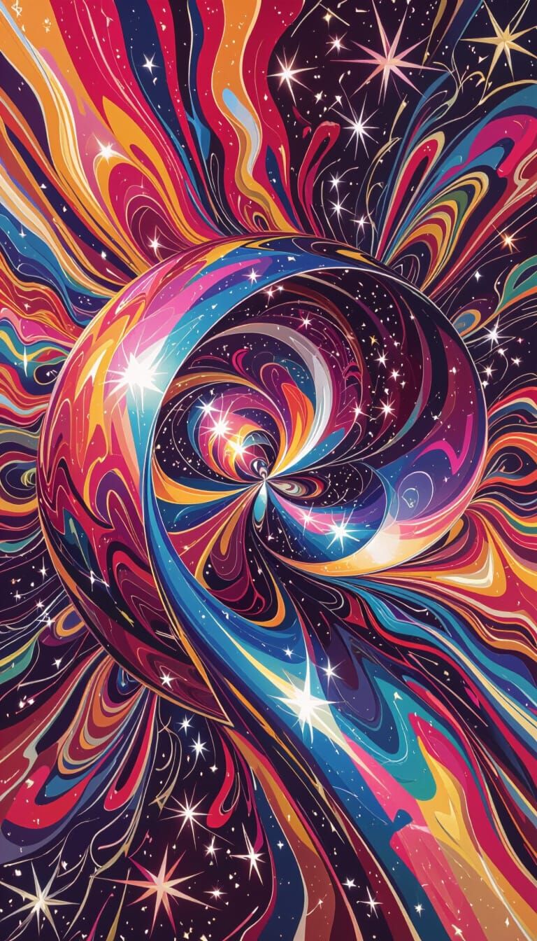 Spinning Metallic Cylinder Reflecting Surreal Cosmos