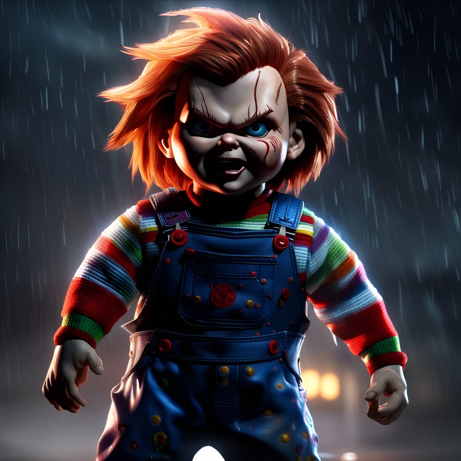 Detailed Chucky Action Pose in Photorealistic Horror