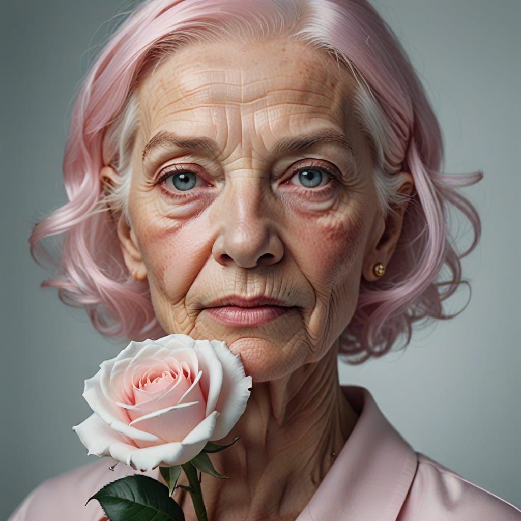 Elegant Elderly Woman with Pastel Pink Hair and Rose in a So...