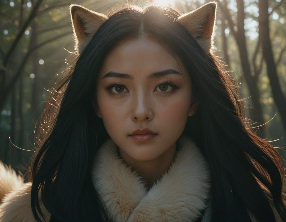 Ethereal Nine-Tailed Fox Maiden in Misty Landscape