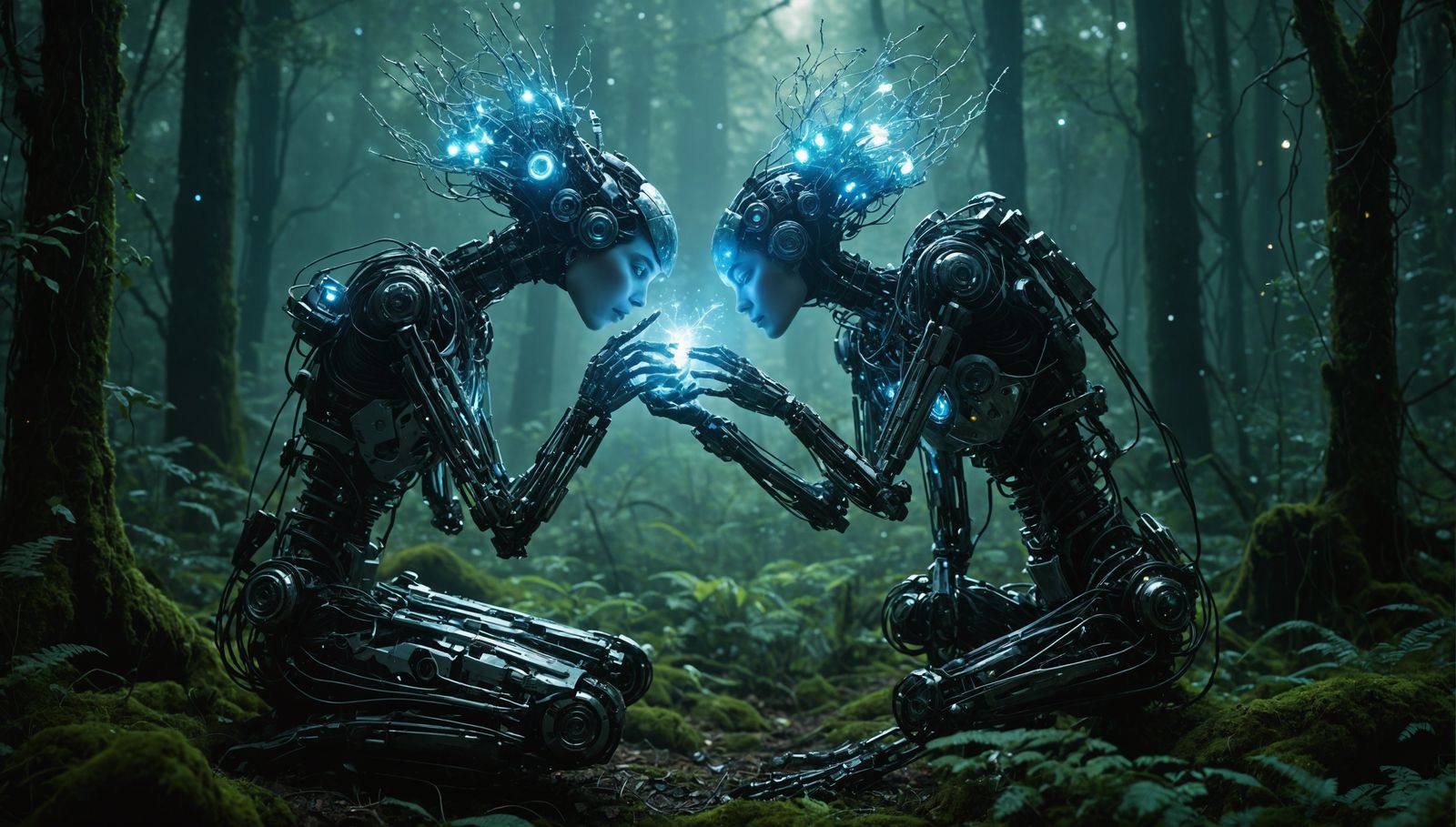 Robotic Females Holding Glowing Hands in Forest