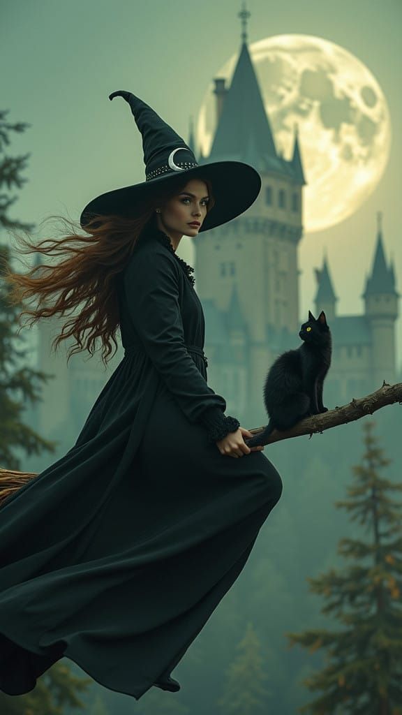 Witch Soars Under Moonlit Forest Canopy