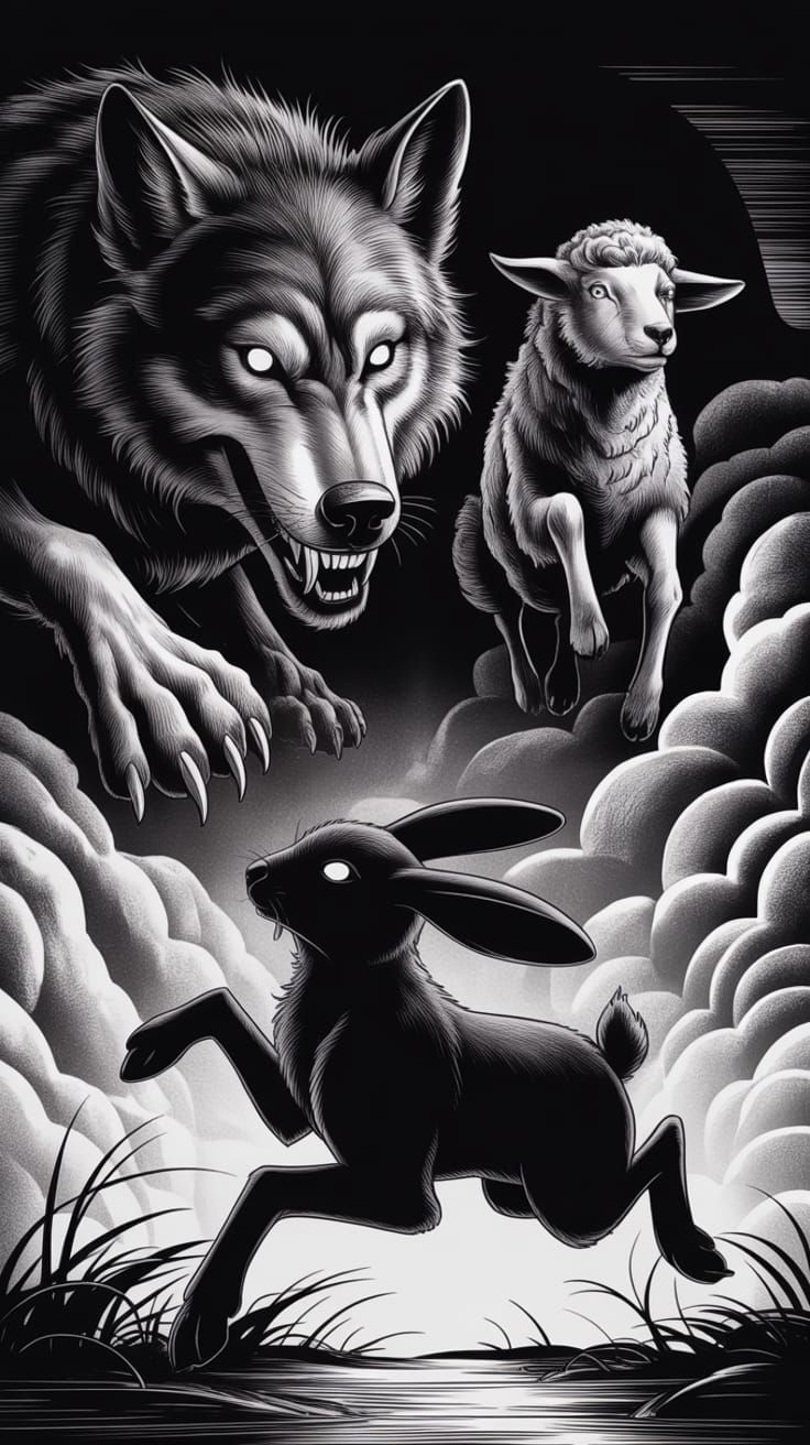 Monochrome Scratchboard Art of Wolf and Prey