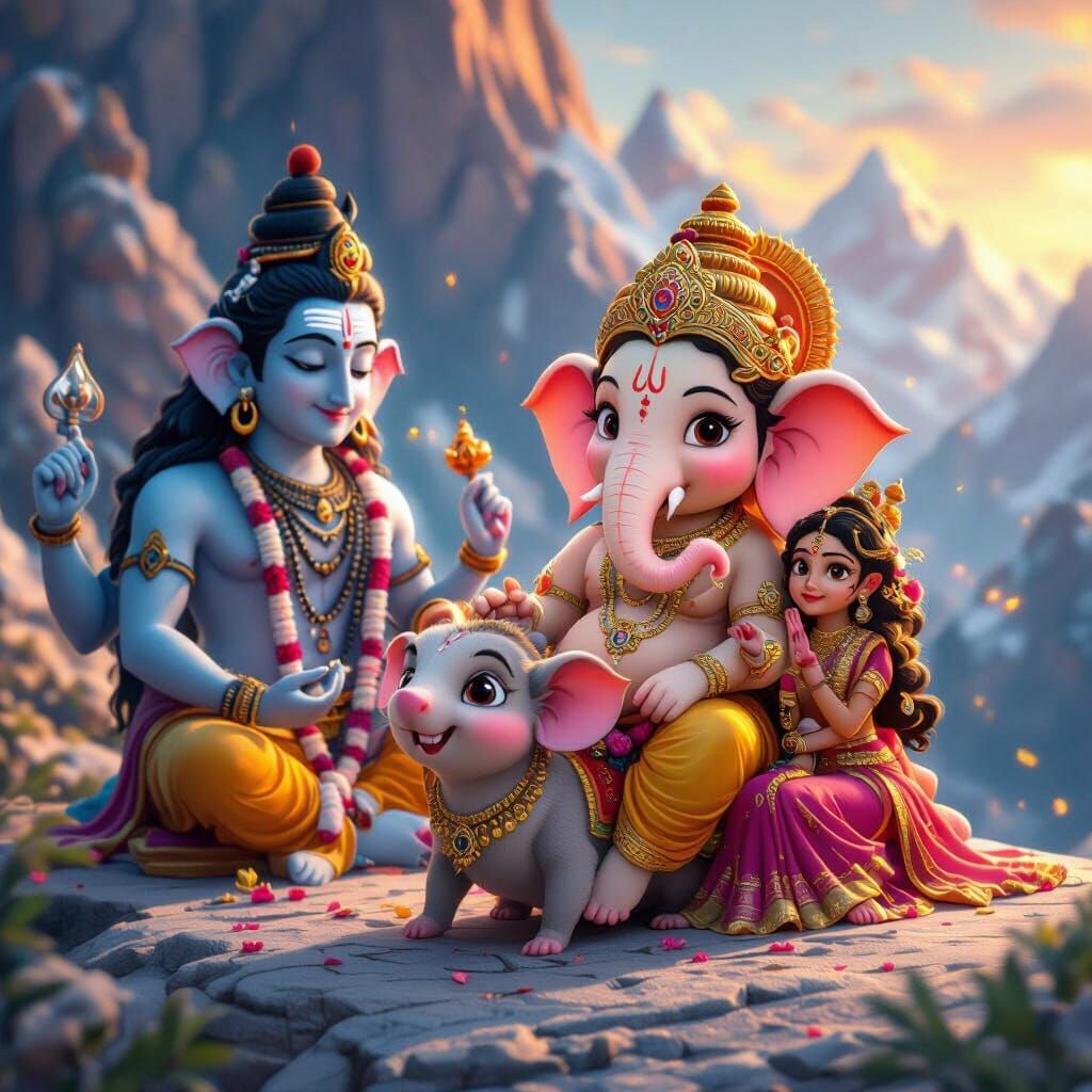 Lord Ganesha Rides Mouse in 3D Cartoon Style