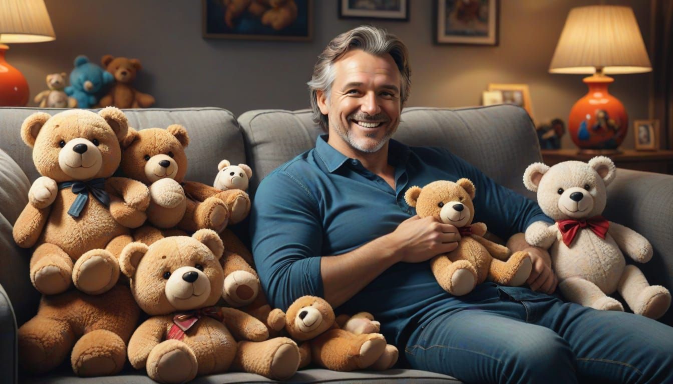 Man Relaxing With Toys, Hyperrealistic Concept Art